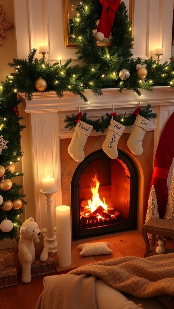 Cozy Christmas Aesthetic Fireplace Setup A cozy Christmas fireplace setup with garland, stockings, candles, and comfortable seating.